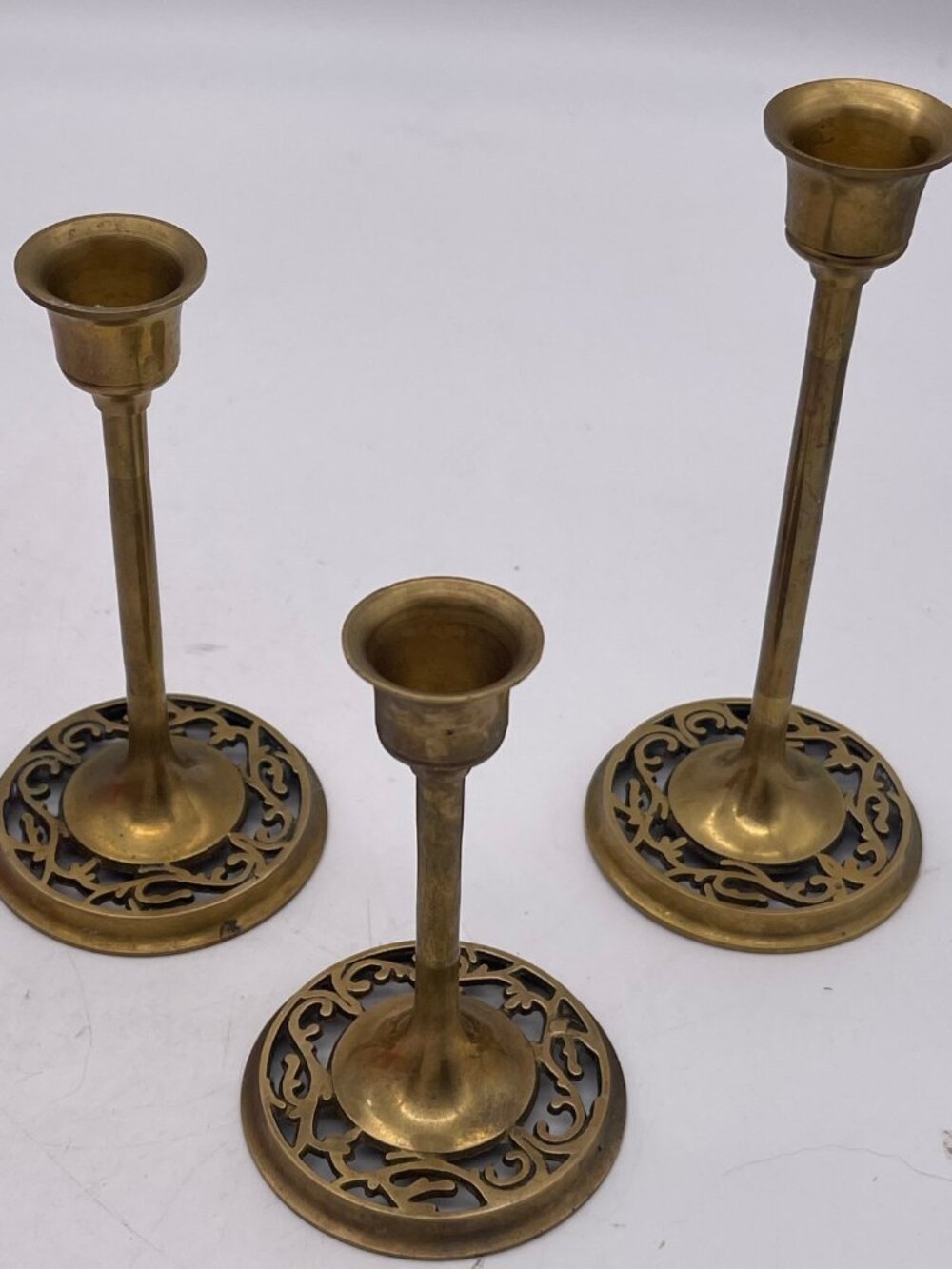 3 Vtg Brass Taper Candlestick Holders Graduated Filigree Bases B5
